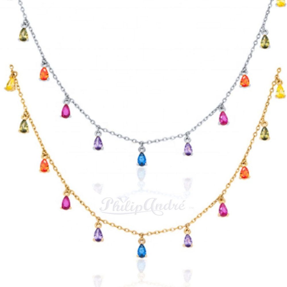 925 Sterling silver Rainbow Dangling Teardrop Necklace, 18k Gold Plated Necklace